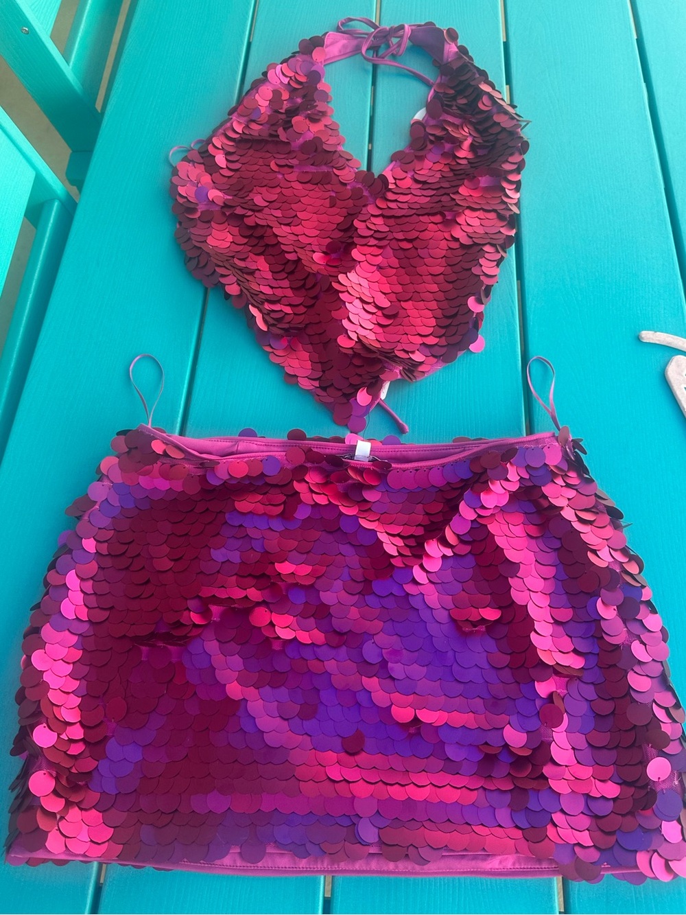 Bright Magenta/pink Sequin Halter and miniskirt set MED